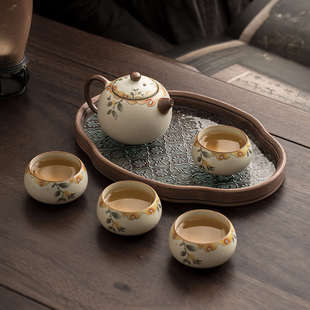干泡茶盘一壶四杯家用高档泡茶壶防烫小套组 米黄汝窑功夫茶具套装