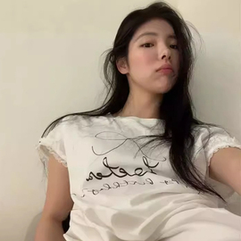 ！可爱公主风24夏韩国东大门休闲卡通印花蕾丝边宽松短袖T恤