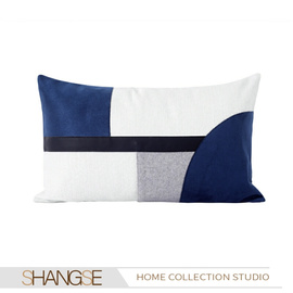 蓝梦格调样板房抱枕，蓝色几何拼接布艺艺术风格装饰样板间，腰枕靠垫