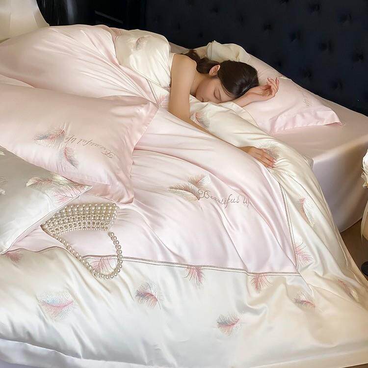 少女心高支长绒棉四件套高精密羽毛刺绣纯棉拼角被套床上用品粉色