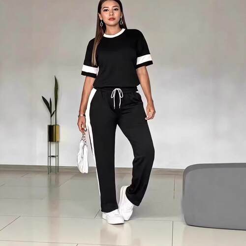 Flip collar short sleeved knitted pants two-piece set