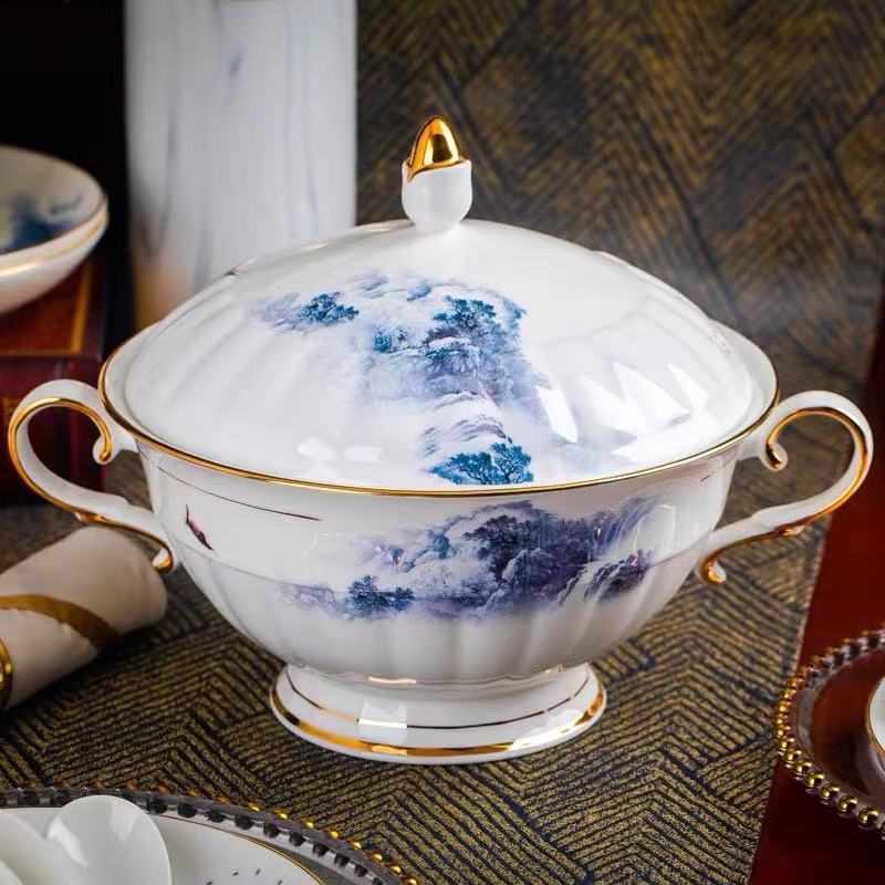 金边碗碟套装家用景德镇骨瓷餐具组合现代中国风高档轻奢陶瓷碗盘