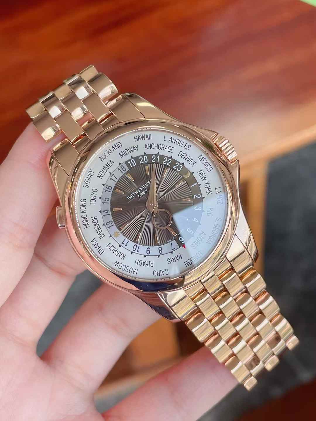 正品百达翡丽18k玫瑰金自动机械世界时手表男表98新5130/1R-011图片