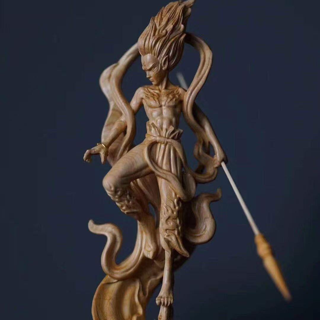 崖柏木雕哪吒降世魔王工艺品魔童人物中控台车载摆件家居公室饰品