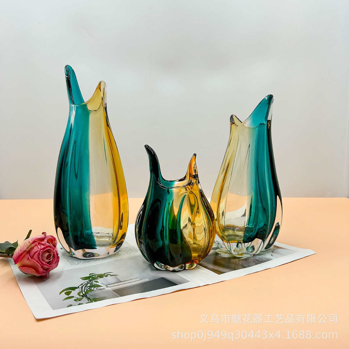 现代轻奢手工琉璃双拼色花瓶摆件客厅餐桌创意插花样板间高级装饰
