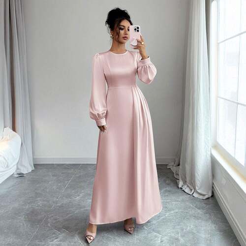 Chic Feminine Sleeve Fitted Dress Waist Plain Round Neck