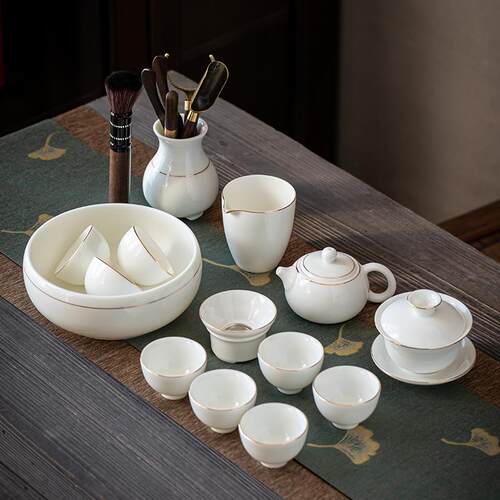 正品羊脂玉功夫茶具办套装家用客厅约简泡茶公会室客德化白瓷盖碗