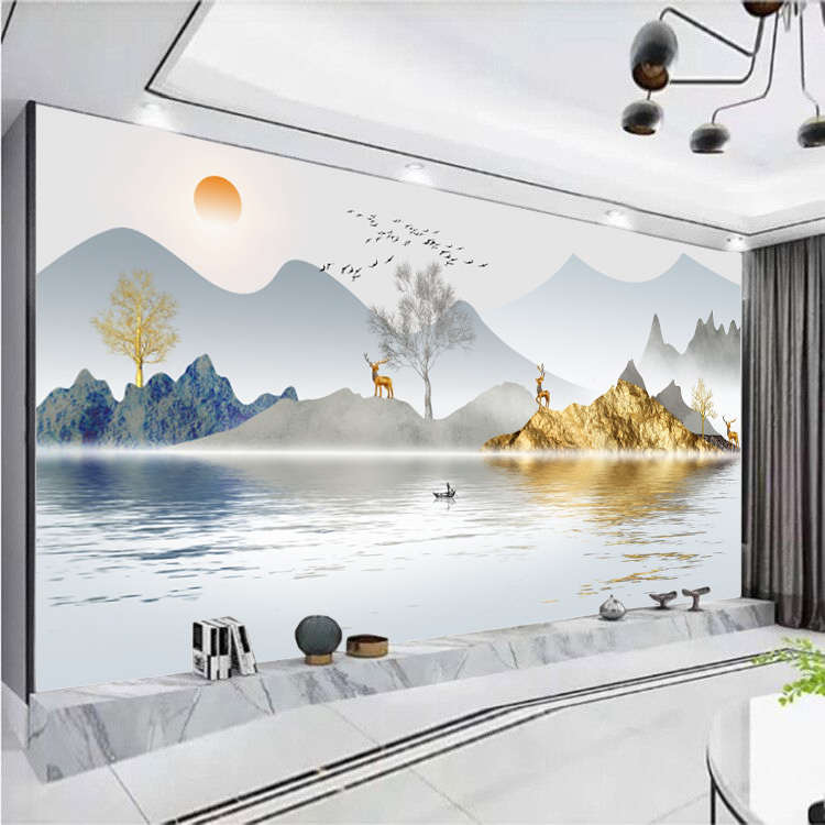 3D中式简约轻奢山水画壁纸沙发电视背景墙墙纸壁布客厅办公室墙布