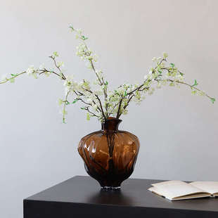 博西北欧手工波浪口花边新棕色大肚子玻璃花瓶样板间客厅装 饰
