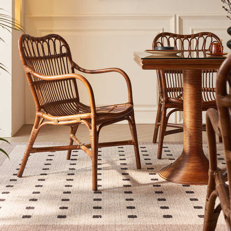 新中式实木餐桌中古风艺术餐厅餐桌椅子组合家用现代简约藤编藤椅,住宅家具,餐桌椅+餐车,淘宝优惠券,粉丝福利购,淘宝优惠卷