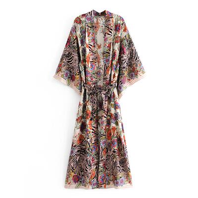 Women's cotton water printed waistband and kimono