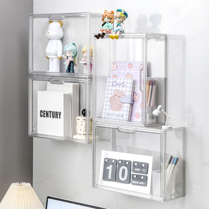 免打孔多用壁挂式磁吸收纳盒高清透明浴室梳妆台置物架化妆品盒子