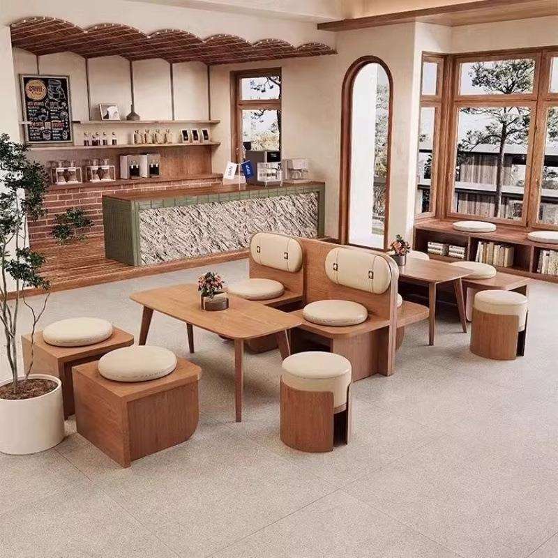网红甜品店奶茶店卡座沙发咖啡厅靠墙长条凳茶楼书吧桌椅组合