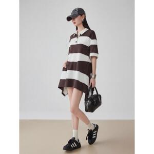 美式复古条纹短袖T恤裙女设计感不规则下摆宽松休闲中长款连衣裙