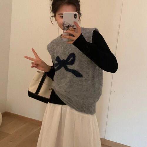 Elegant Bow Tie Sleeveless Knit Vest , Sweet Fall Winter