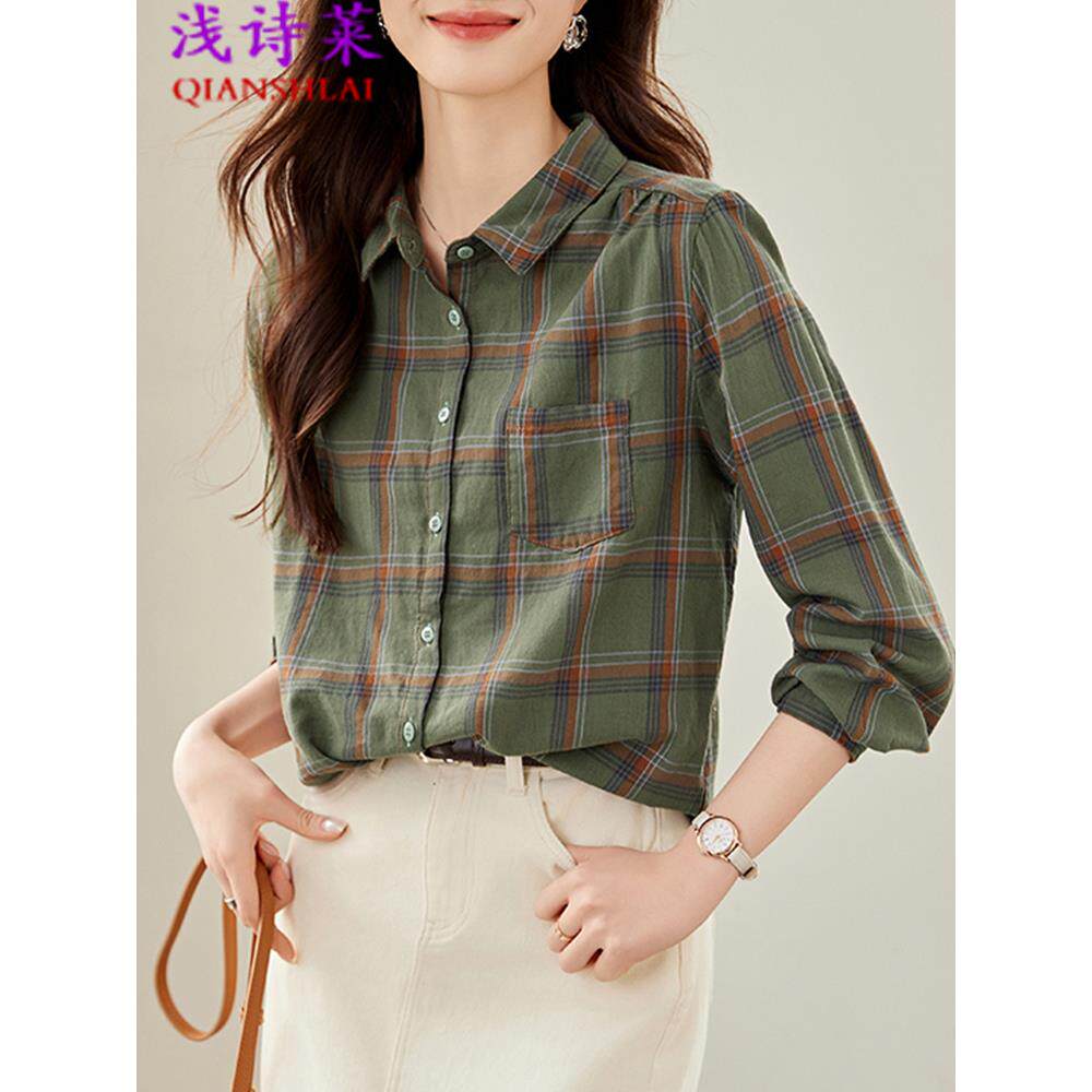 纯棉格纹长袖女式2025春秋季新款覆古休闲百搭衬衫下装衬衫上衣
