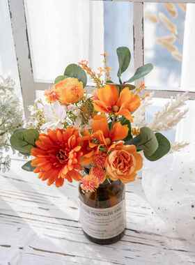 玫瑰冰婵橙色手札仿真花家居装饰花设计婚庆手捧花束墙饰CF01409