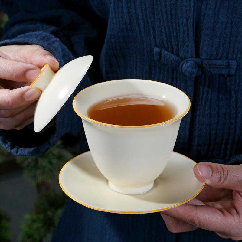 新款直销汝窑功夫茶具套装家用陶瓷客厅中式黄色开片可养三才盖碗