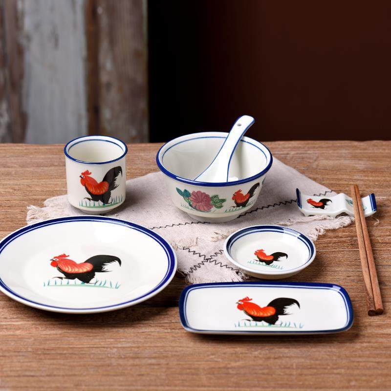 覆古商用陶瓷公鸡摆台四件套餐具饭厅饭店酒店火锅店专用碗碟套装,餐饮具,碗,淘宝优惠券,粉丝福利购,淘宝优惠卷