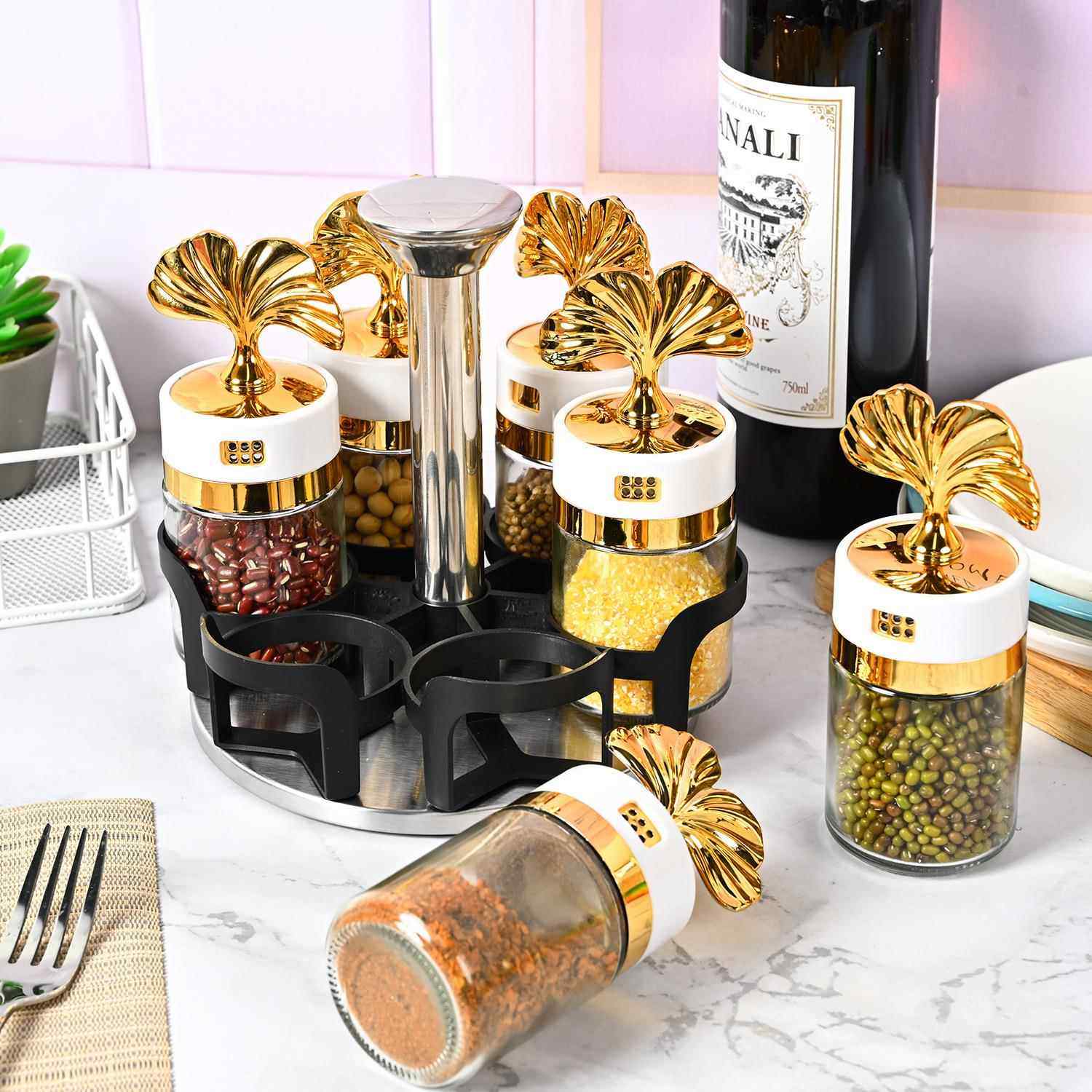 厨房玻璃调料瓶防潮盐罐调味罐可旋转撒料瓶调味料盒可旋转调料瓶