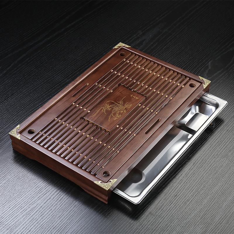 精致小茶盘家用茶具实木制托盘不锈钢底盘抽屉式迷你简约客厅茶台