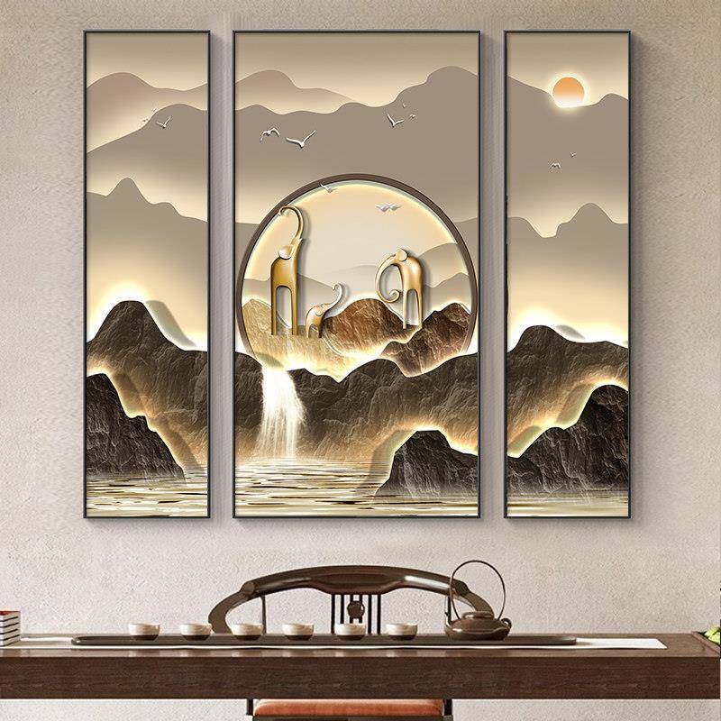 客厅福鹿大象挂画中堂画新中式农村堂屋大气山水装饰画自建房壁画