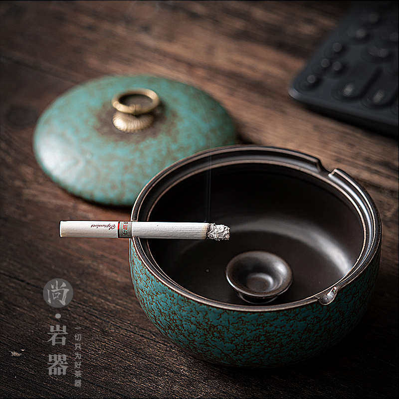 创意带盖烟灰缸复古轻奢个性陶瓷烟缸家用客厅办公室防风灭烟缸