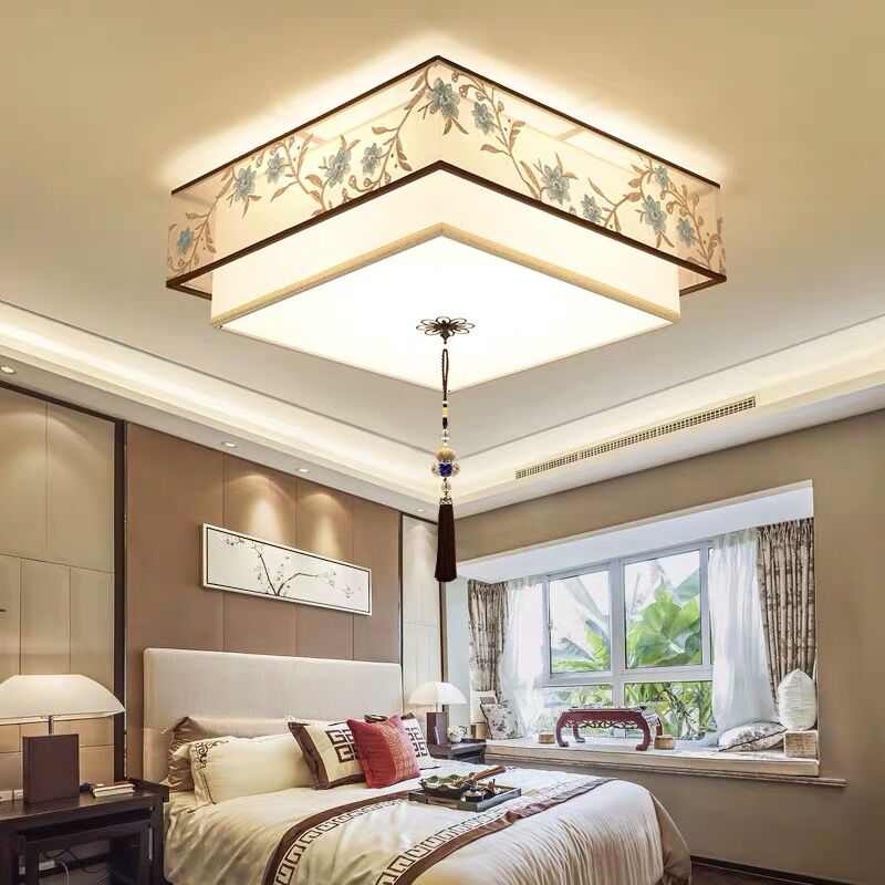 新中式圆形吸顶灯古典刺绣花纹灯简约中国风禅意方形客厅卧室灯具