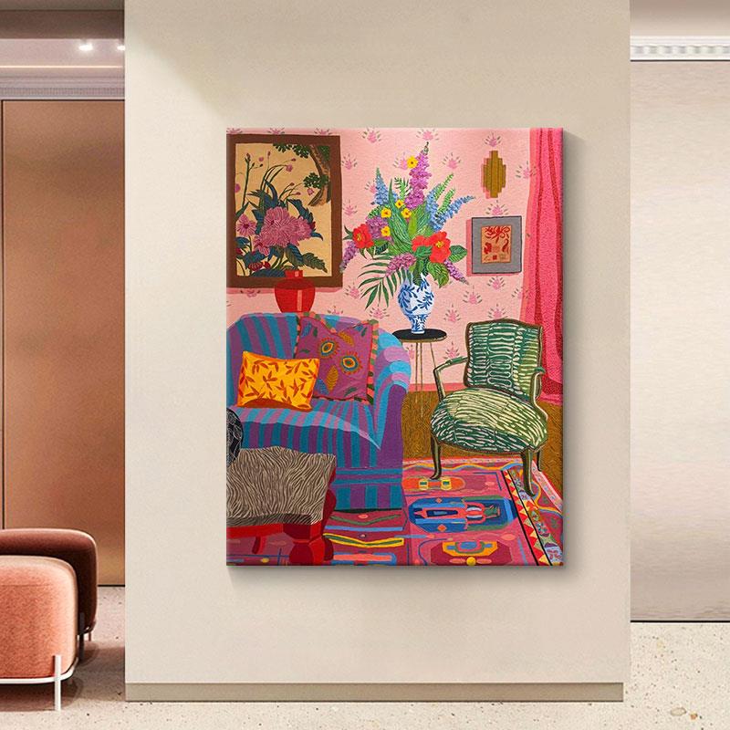 红色美式马蒂斯手绘油画小众艺术多巴胺装饰画客厅挂画玄关肌理画图片