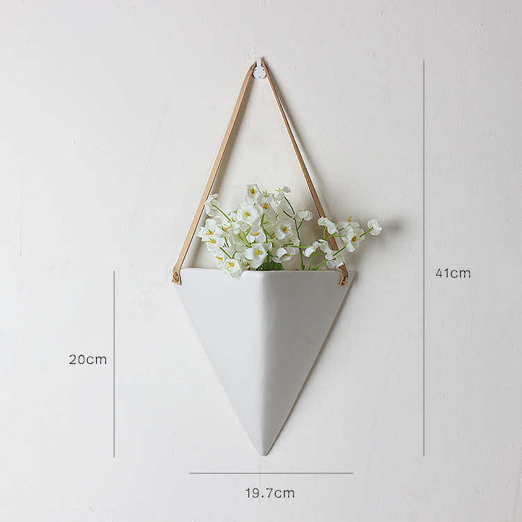创意北欧植物墙面盆韩陶瓷装饰绿皮绳吊式花盆绒盆栽壁挂白色壁挂