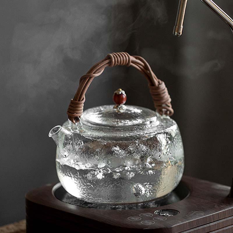 日式玻璃煮茶壶电陶炉烧水壶耐热天然藤编玻璃提梁壶功夫茶具