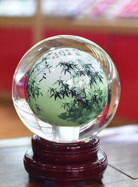 内画 画琉璃水晶球翠竹礼品玻璃工艺礼品摆饰家居办公桌轻奢摆件