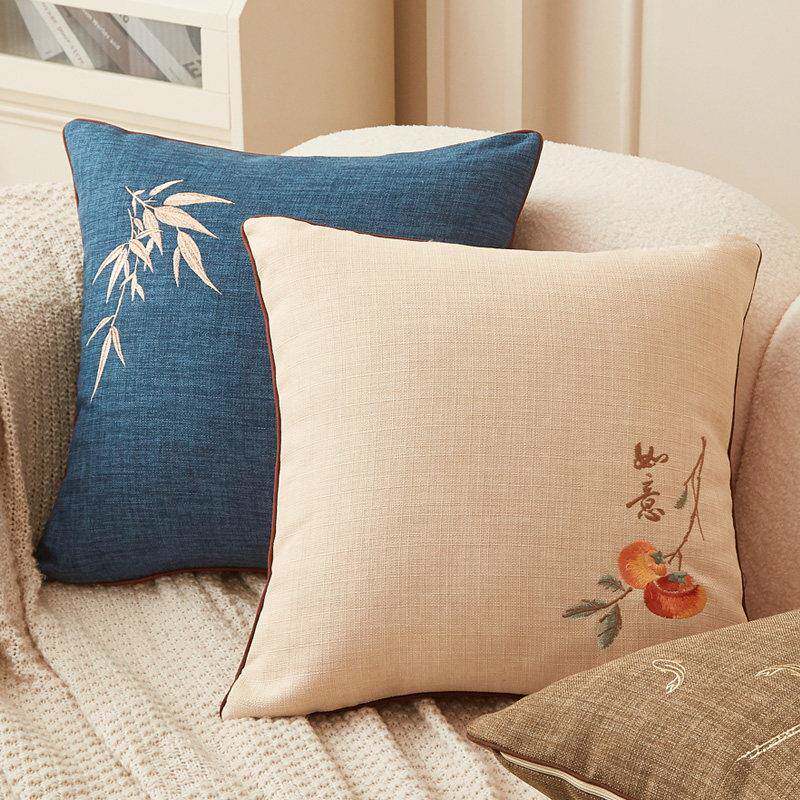 新中式抱枕靠垫客厅沙发床头棉麻刺绣抱枕套不含芯办公室靠背靠枕