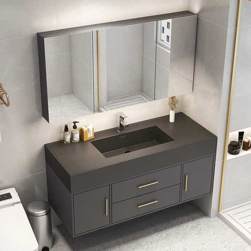 岩石板一体盆浴室柜网红洗漱台洗手洗脸池柜组合现代简约轻奢实木