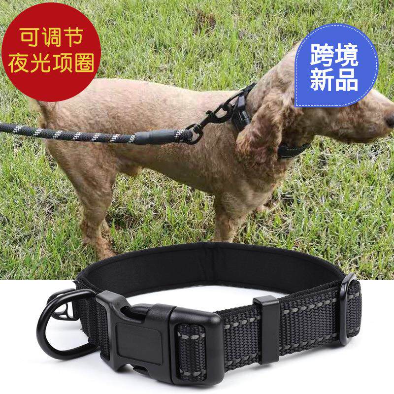 狗项圈夜光可调节尼龙不勒狗泡棉脖圈牵引绳跨境宠物用品厂家