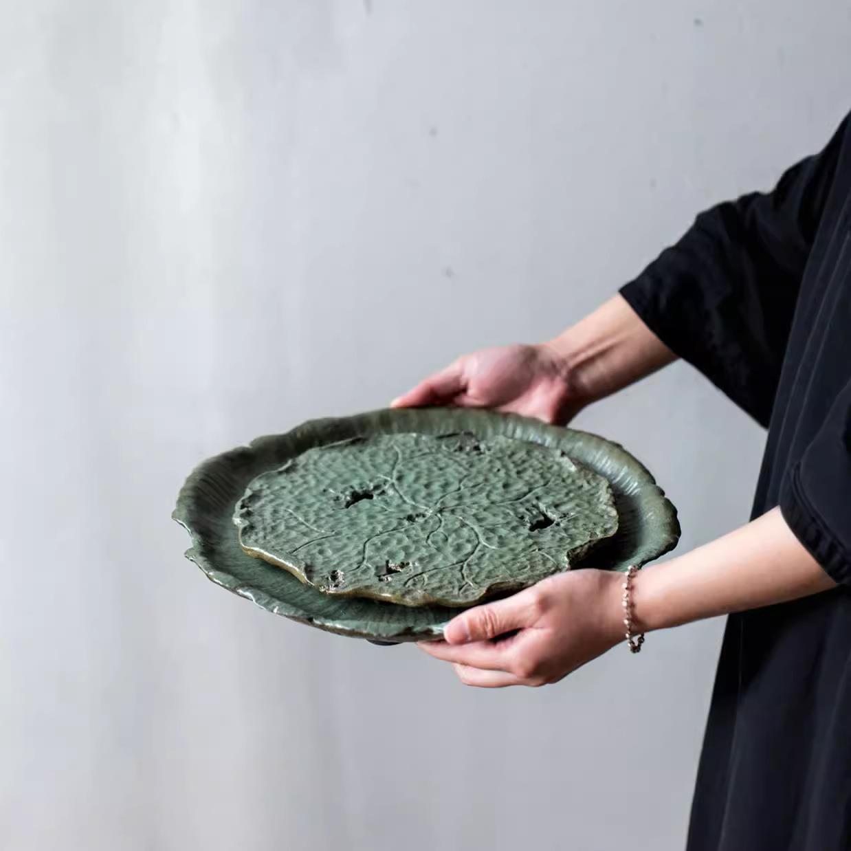 中式复古粗陶干泡盘窑变春绿色茶盘创意简约荷叶造型商务送礼品
