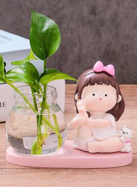 蕊杰创意瑜伽女孩水培家居摆件创意可爱娃娃绿萝花瓶办公桌装饰品
