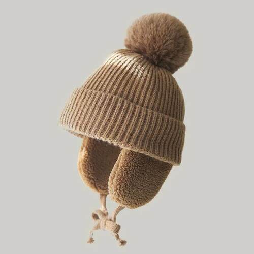 2-8T Baby Hat Big Pompom Beanie with Earflap Wool Plush Chil