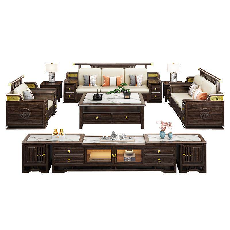 新中式乌金木沙发客厅大户型全实木组合高端别墅冬夏两用储物家具