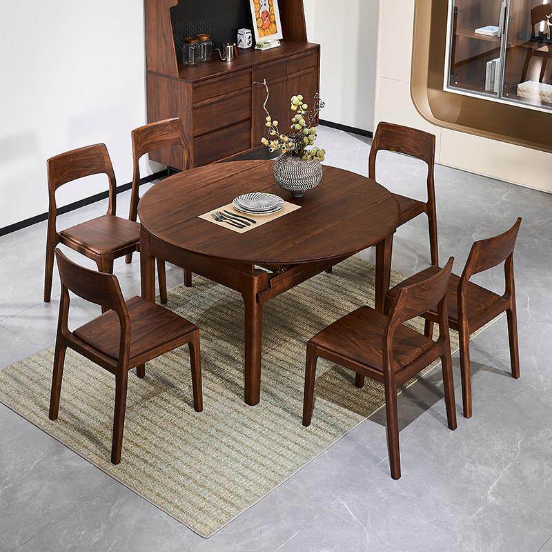 乌金木实木折叠餐桌现代新中式家用小户型可伸缩圆形桌子可变圆桌