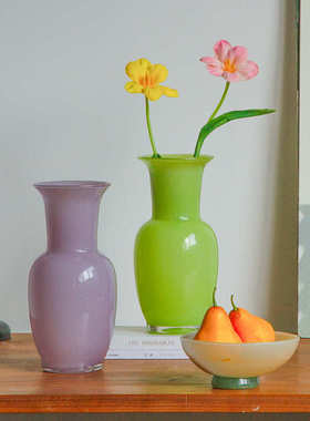 现代简约彩色瓷粉敞口梅瓶中古风创意玻璃花瓶客厅电视柜玄关装饰