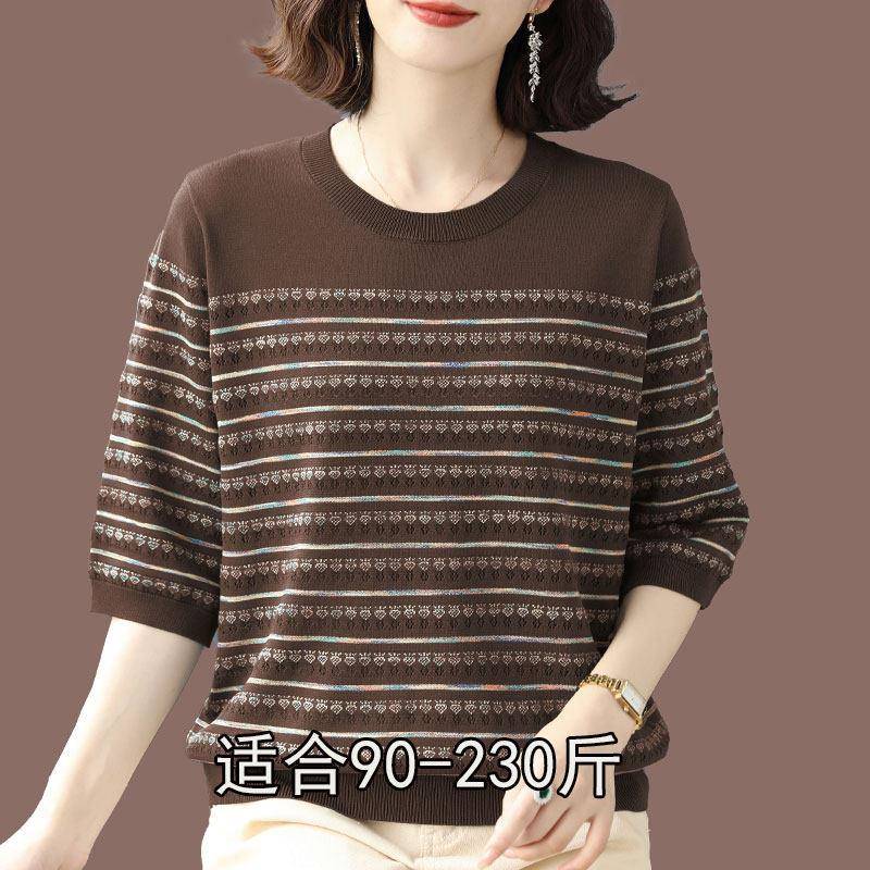 胖mm220斤早春桑蚕丝大码T恤女中老年妈妈装五分袖宽松冰丝上衣薄