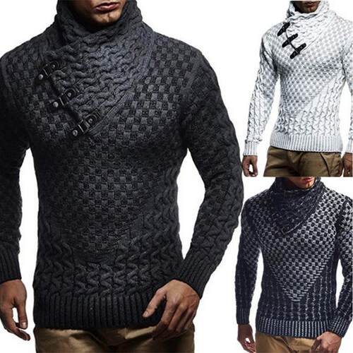 High neck men's scarf, leather buckle collar pullover,