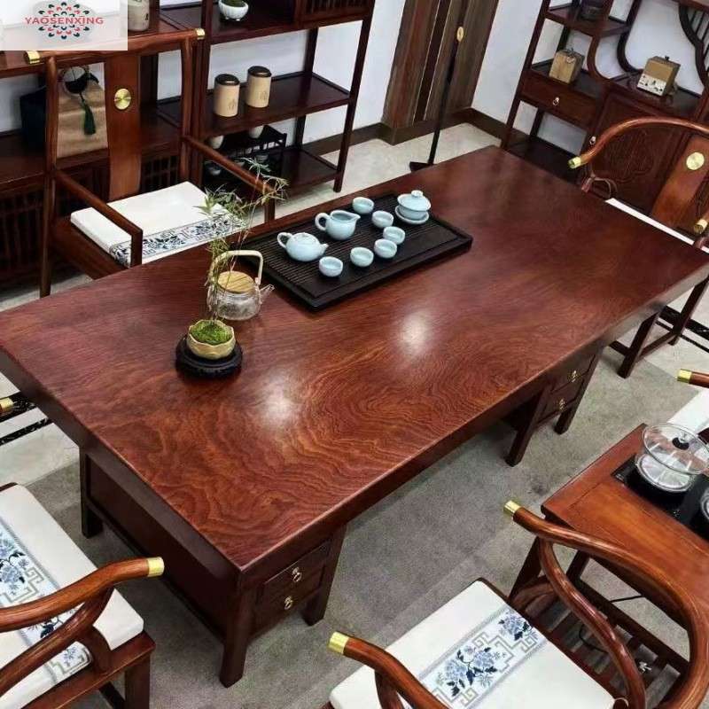 黑檀木实木茶桌茶台椅组合简约中式办公室茶桌家用一体一整套整板