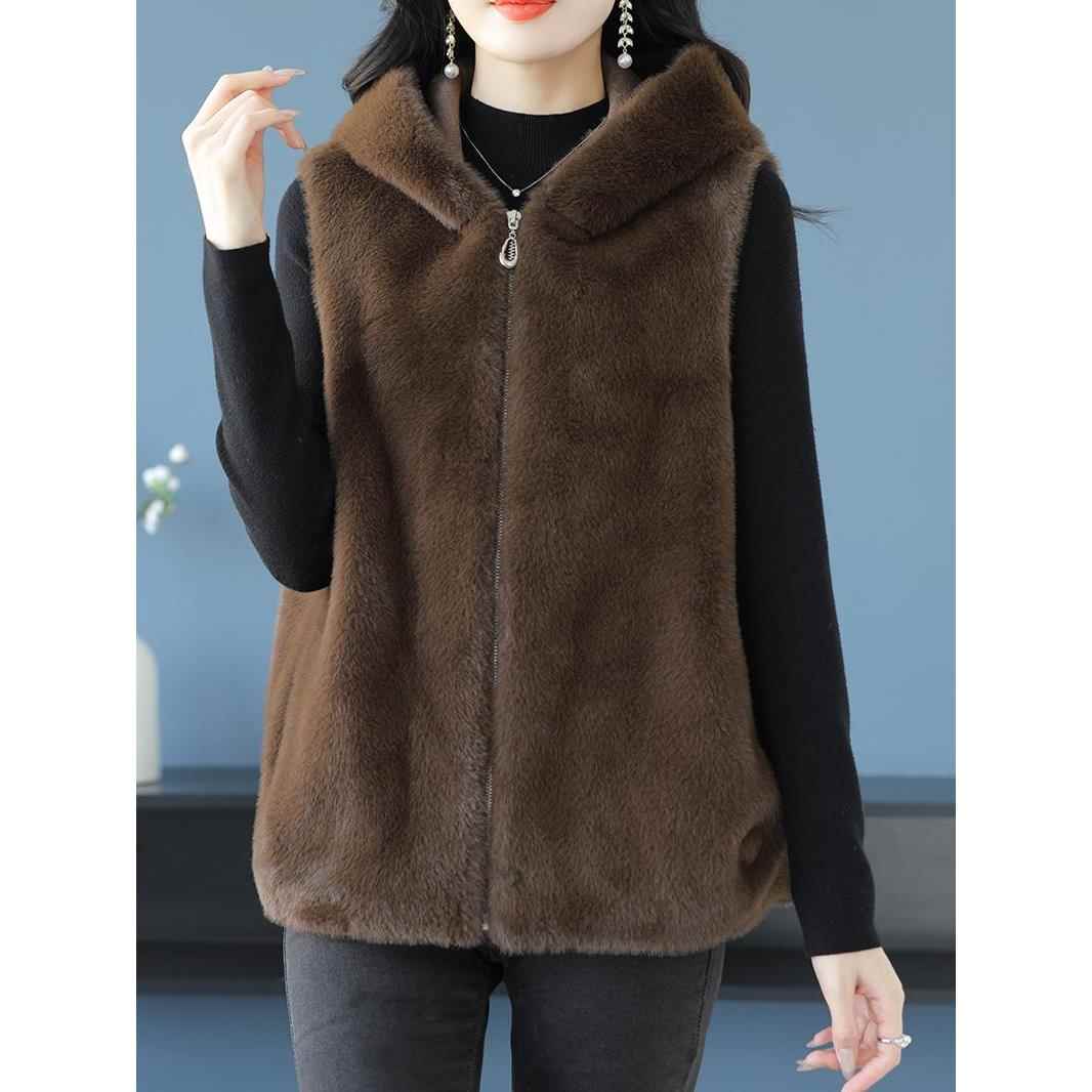 中年女士毛毛外套马甲女冬季新款宽松无袖加厚皮草貂绒连帽开衫