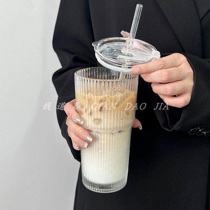 大容量吸管杯带盖子竖条纹咖啡杯饮料果汁杯高颜值女家用奶茶玻璃