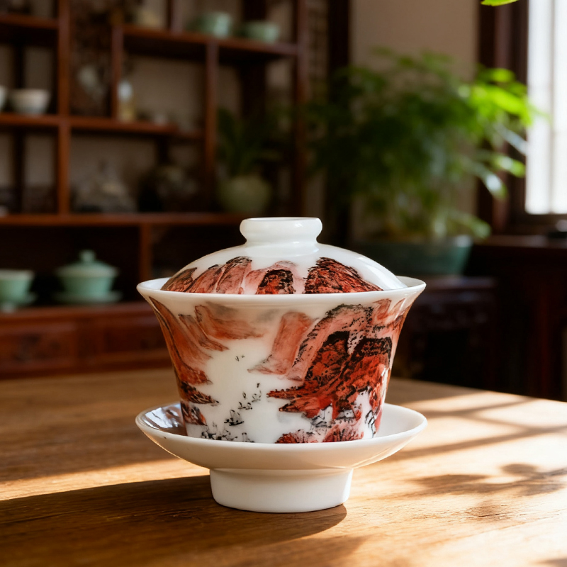 官窑老瓷三才盖碗系70年代用瓷洪江大球泥手绘茶杯古董茶器收藏