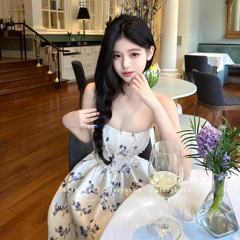 碎花洋装女气质名媛生日礼服裙重工蕾丝拼接鱼骨收腰抹胸a字裙