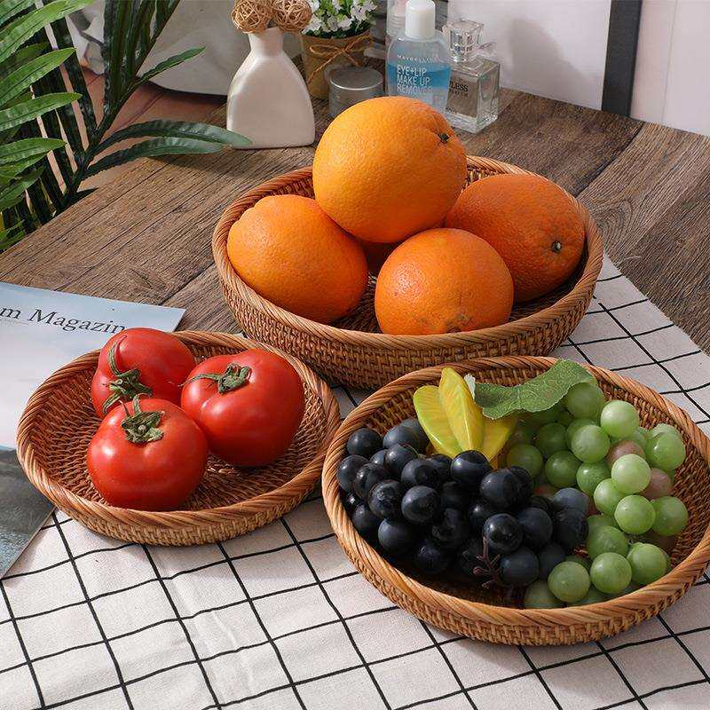 藤编水果篮中式点心盘茶几杂物筐圆形带盖藤篮手工编中号家用