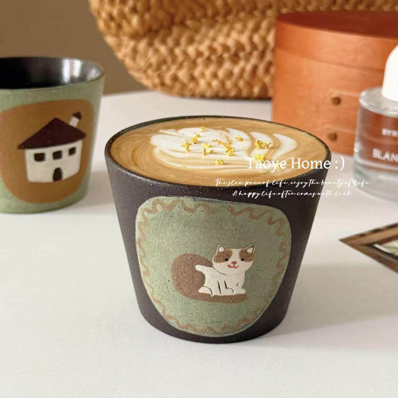 景德镇复古粗陶手绘插画紫砂猪口杯马克杯拿铁咖啡高颜值小众杯子